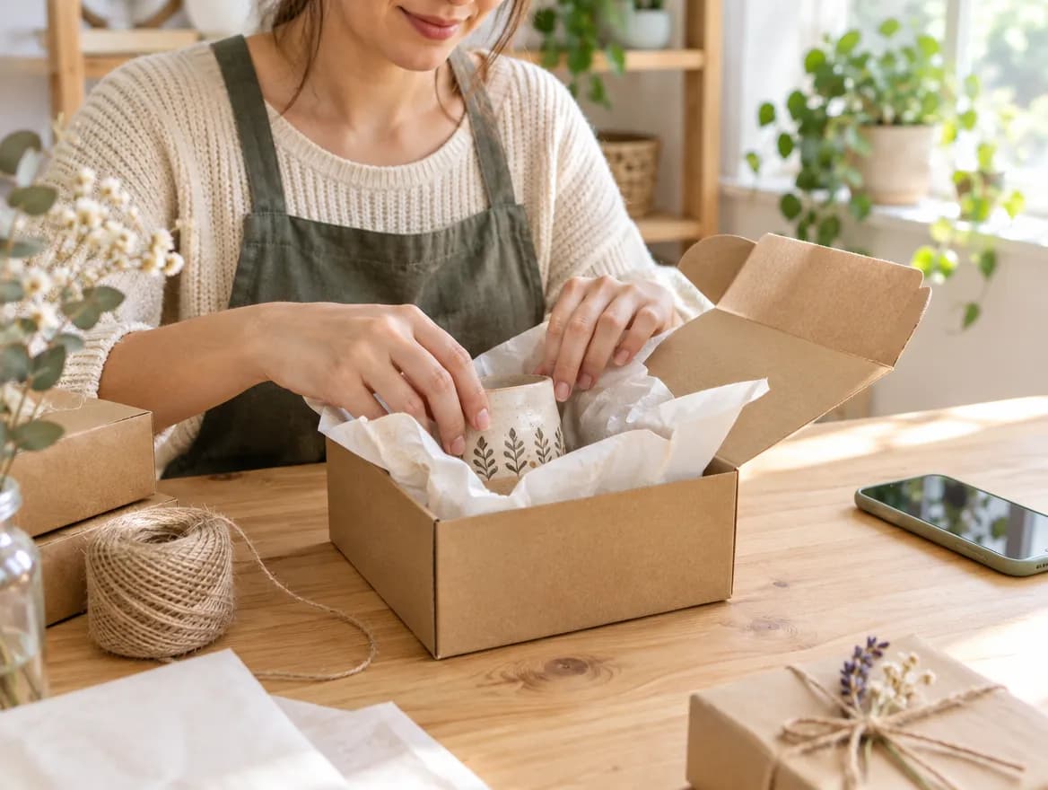 Emprendedora preparando un pedido en una caja de cartón